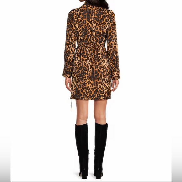 Sam Edelman Satin Collar Neckline Long Sleeve Leopard Mini Shirt Dress - Picture 2 of 11